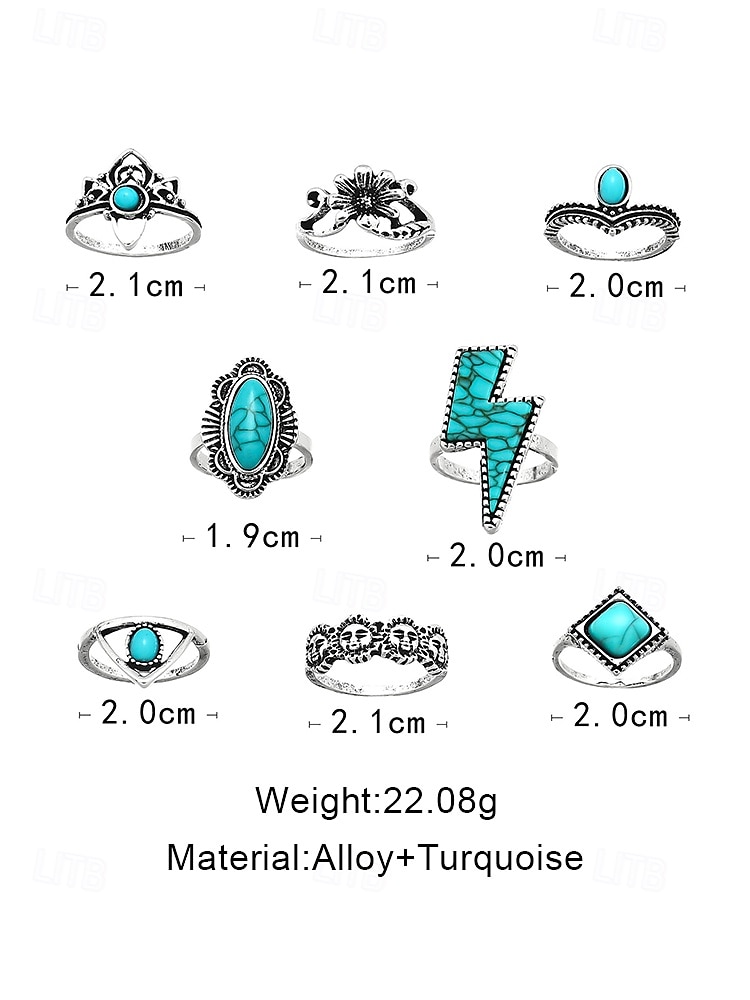 Women's Turquoise Ring Set - Multi-Piece Set of Vintage Bohemian Alloy Jewelry for Women's Holidays, Beach Vacations and Everyday Wear 2025 - $8.39 –P16