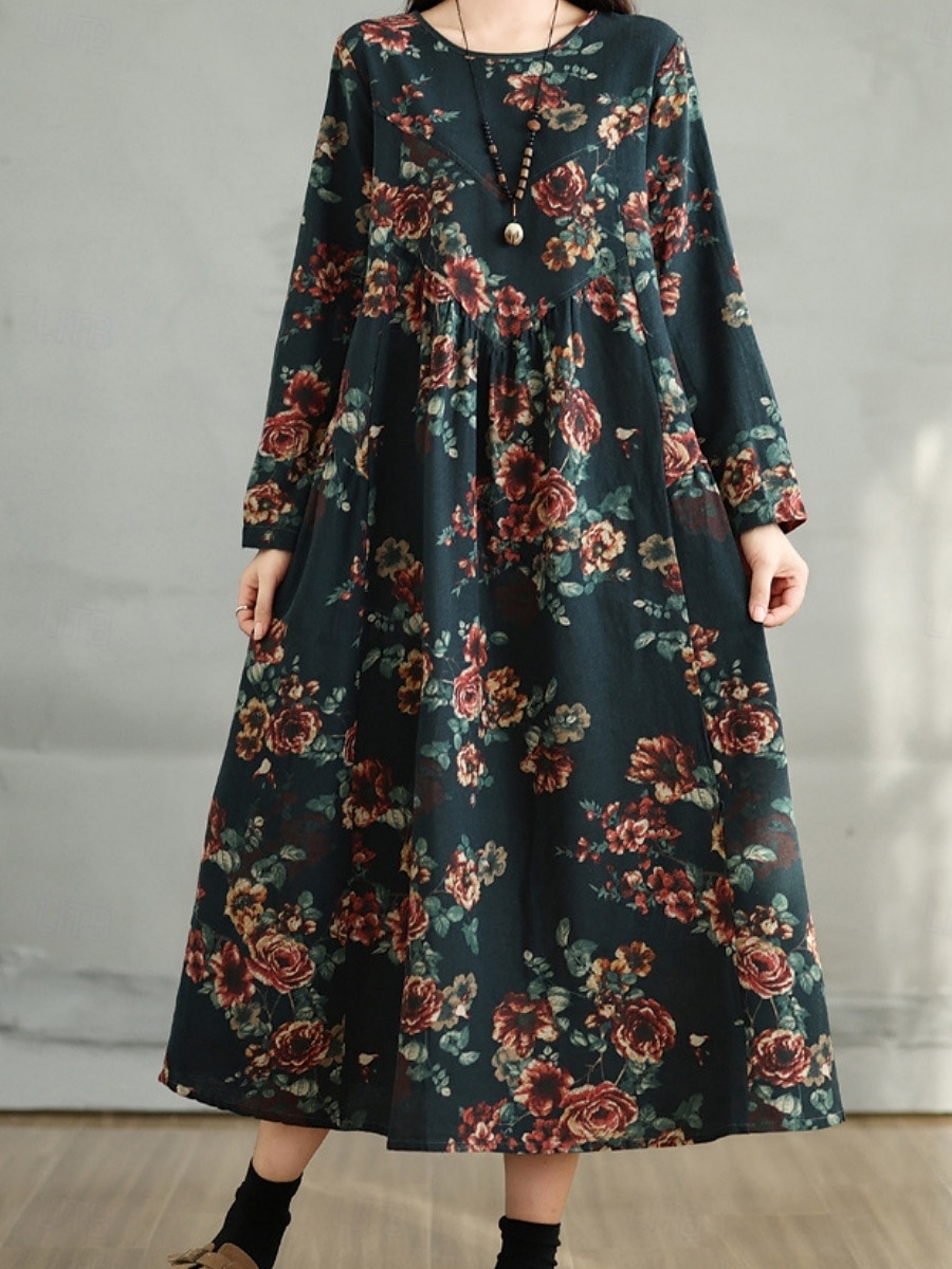 Femmes Robe maxi Robe trapèze Occasionnel Quotidien Coupe régulière Fleuri manche longue Col ras du cou Bleu marine Rouge Vert foncé Marron Été Automne de 2025 ? $36.99 –P8