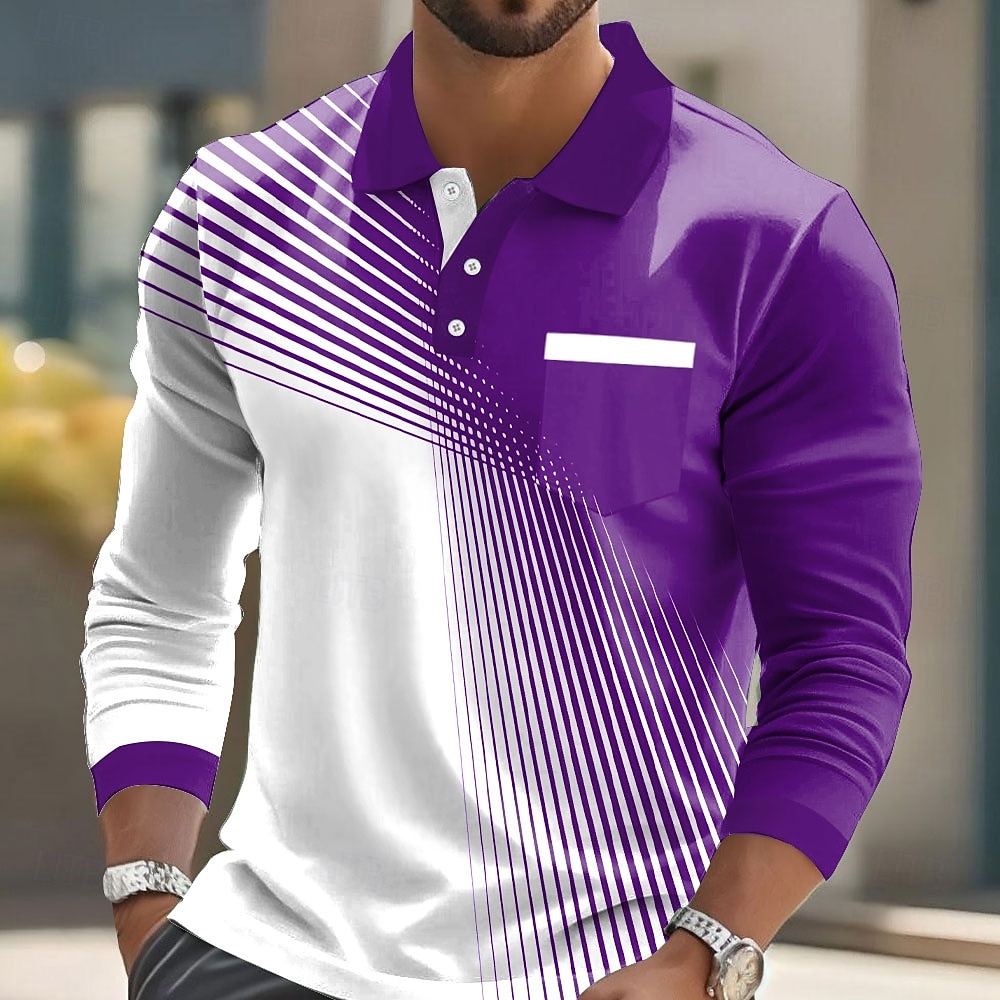 Herr Geometrisk Polo Långärmad Polotröjor Kavajslag Ledigt Business Casual Fritids- Dagliga kläder Ficka 3D-utskrift Knappar Vår Höst Svart Rubinrött Blå 2025 - $21.99 –P4