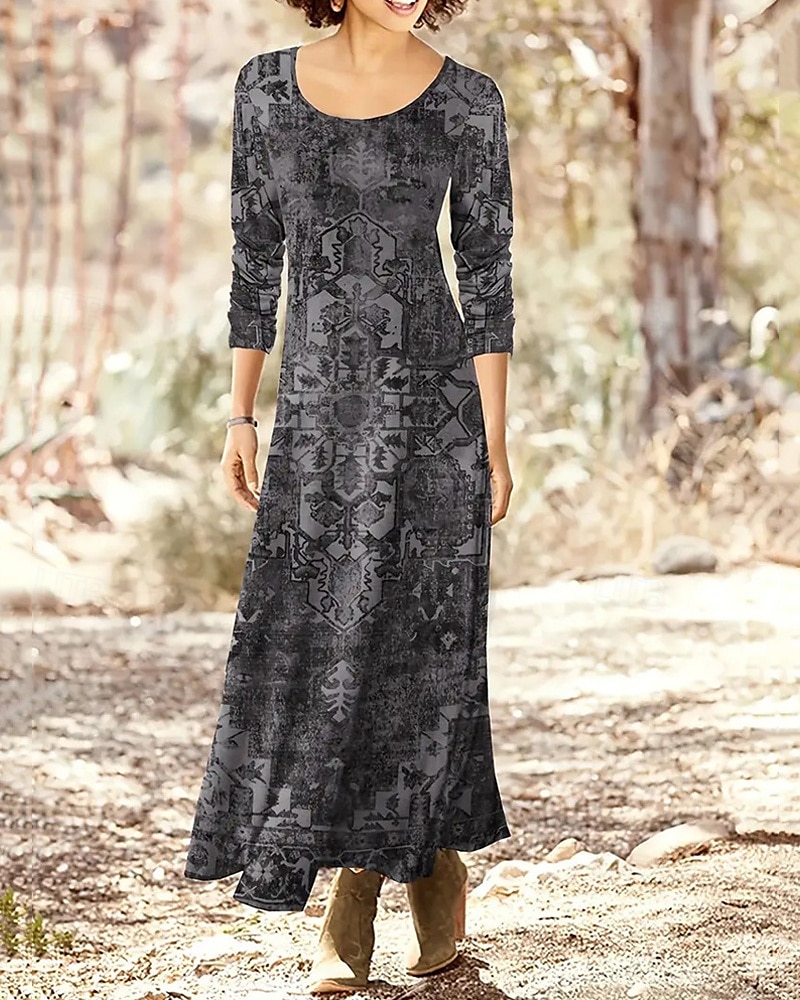 Damen Langes Kleid Maxikleid Freizeitkleid Druckkleid Vintage Mode Täglich Date Wochenende Normale Passform Blume Langarm Rundhalsausschnitt Blau Dunkelgray Frühling Herbst 2025 - $22.99 –P1