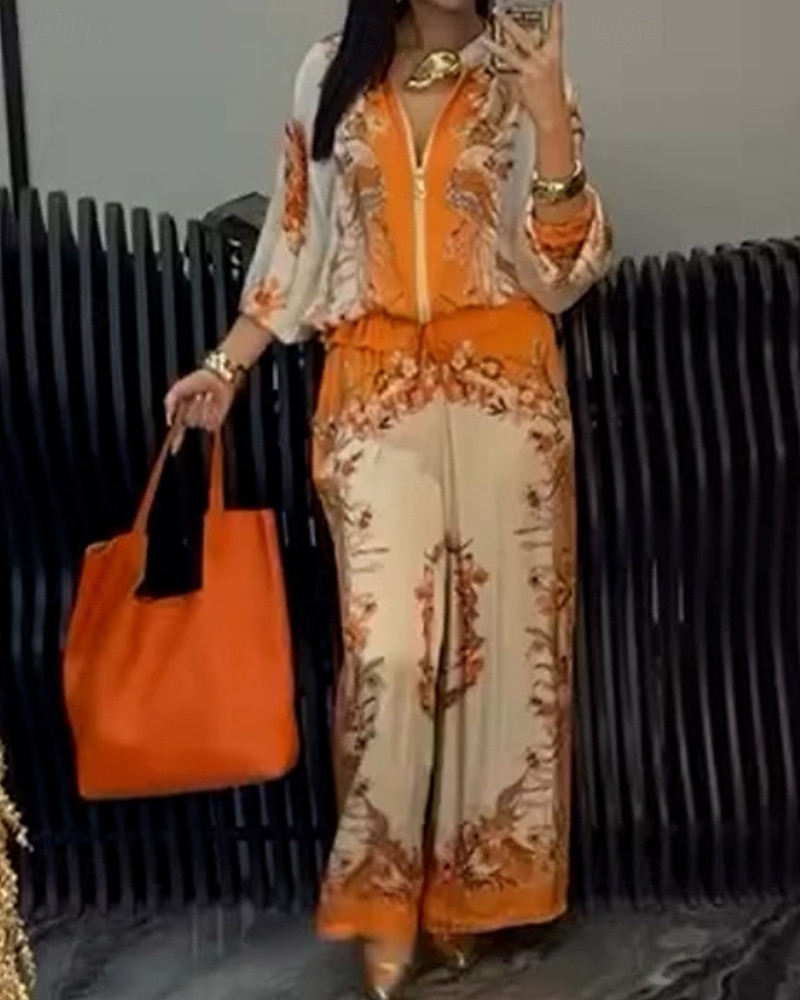 2025年 女性用 活発的 ファッション ブラウス パンツセット 長袖 スタンド フラワー ドローストリング プリント アウトドア お出かけ ブルー オレンジ グリーン 秋 レギュラー  コレクション – $39.99 –P9