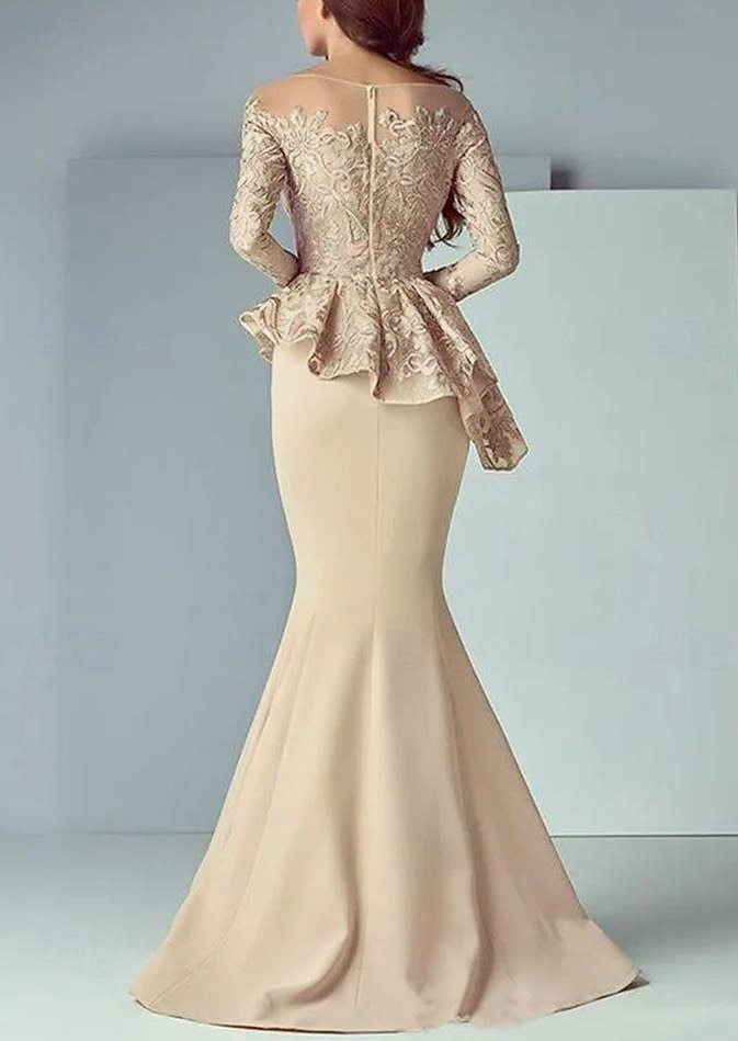 Mermaid Mother of the Bride Dress Formal Wedding Guest Elegant Scoop Neck Floor Length Lace Stretch Fabric Long Sleeve with Ruffles Appliques 2025 - $219.99 –P2