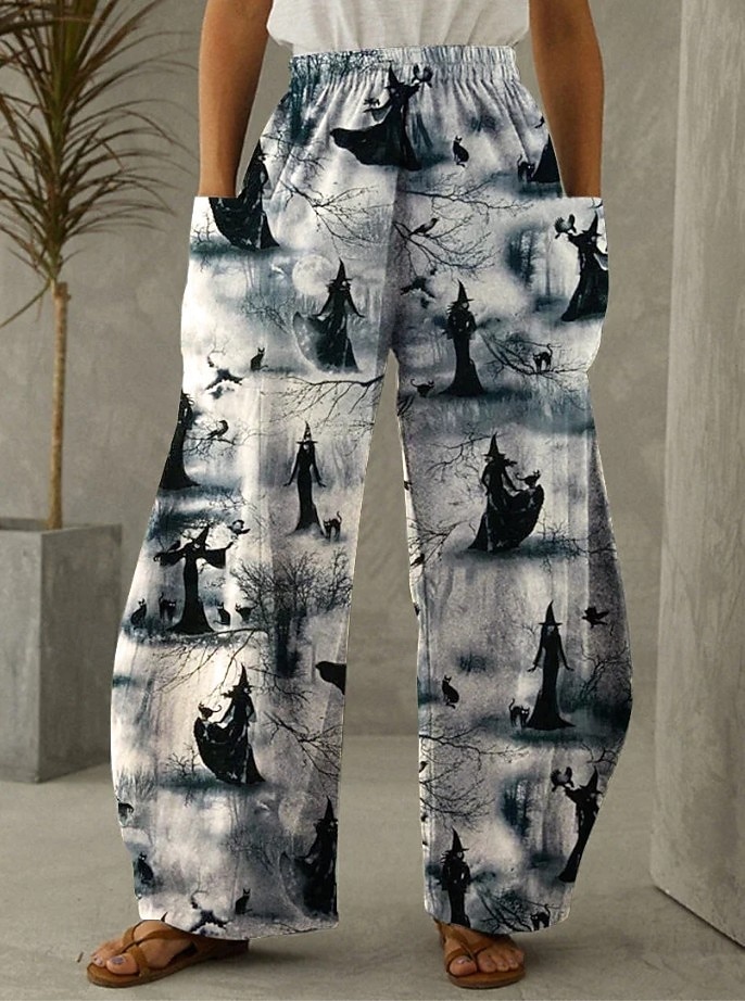 Damen Hose aus Baumwollleinen Urlaub Vintage Ethno-Stil Volle Länge Mittlere TaillePantsHalloween Katze Kürbis Halloween Drucken Bequem Unelastisch Urlaub Straße Lässig Asche Schwarz Fuchsie Orange 2025 - $35.99 –P2