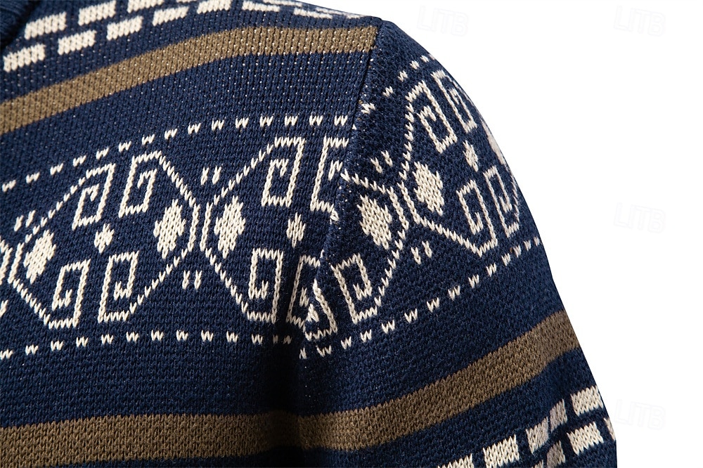 Męskie Sweter Rozpinany Sweter Fair Isle Robić na drutach Zwykłe topy Zapiąć na zamek błyskawiczny Geometryczny Golf Święta Sweter rozpinany Urlop Codzienny Odzież Wiosna Jesień Granatowy Khaki S M L 2025 - $50.99 –P5