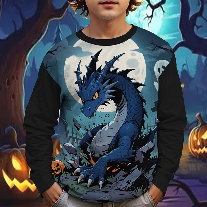 Halloween Pojkar 3D Tecknat Dödskalle Dinosaurie T-shirt Långärmad Vår Höst Mode Grundläggande Barn 4-12 år Rund hals Utomhus Ledigt Dagligen Normal 2025 - $13.99 –P2