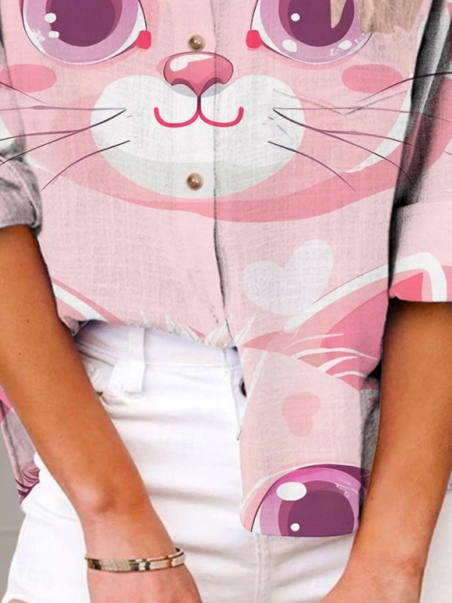 Women's Shirt Cat Active Daily Stylish Long Sleeve Shirt Collar Regular Tops Daily Holiday Buttons Print Pink Summer Spring Fall 2025 - $29.99 –P1