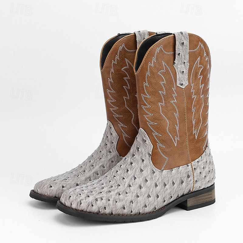 herr western cowboystövlar med fyrkantig tå slip-on halvhög vad ridstövlar avslappnade lantliga skor för dagligt bruk 2026 - $79.99 –P17