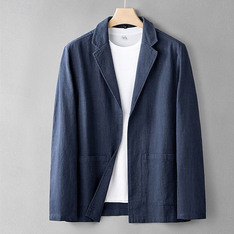 Herr Linne blazer Kavaj Företag Cocktailfest Bröllopsfest Mode Ledigt Vår Höst Linne- / bomullsblandning Slät Ficka Knappar Bekväm Enkelknäppt Blazer Marinblå Aprikos Grå 2025 - $44.99 –P9