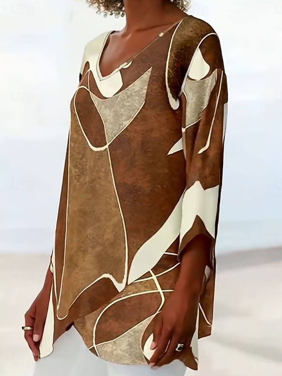 Жен. Блуза Графика Геометрический принт Абстракция Гавайский Стиль На каждый день Длинный рукав V-образный вырез Обычные топы Повседневные Праздники На выход С принтом Хаки Лето Весна Осень 2025 - $25.99 –P2