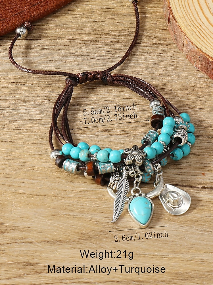 Женский богемный комплект браслетов из бирюзовых бусин – регулируемые многослойные браслеты с подвесками для лета, праздников и повседневной носки 2026 - $9.99 –P5