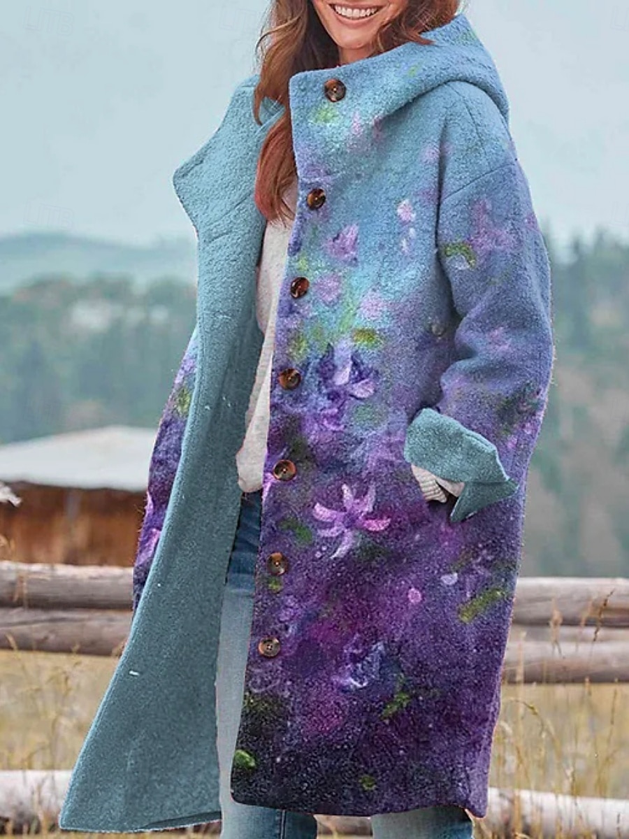 Dame Vinterjakke Fleece-jakke Frakk Hold Varm Pustende Lomme Knapper Trykt mønster Aktiv Daglig Fritid Blomstret Feriereise Gate Daglig Enkeltkneppet Lang Hettegenser Normal Langermet Yttertøy Svart 2025 - $46.99 –P6