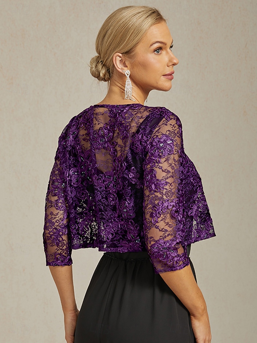 veste blazer femme dentelle brodée paillettes ouvert devant élégant floral formel anniversaire fête mariage invité ouvert devant court col rond coupe régulière manches 3/4 vêtements d'extérieur de 2025 ? $59.99 –P2