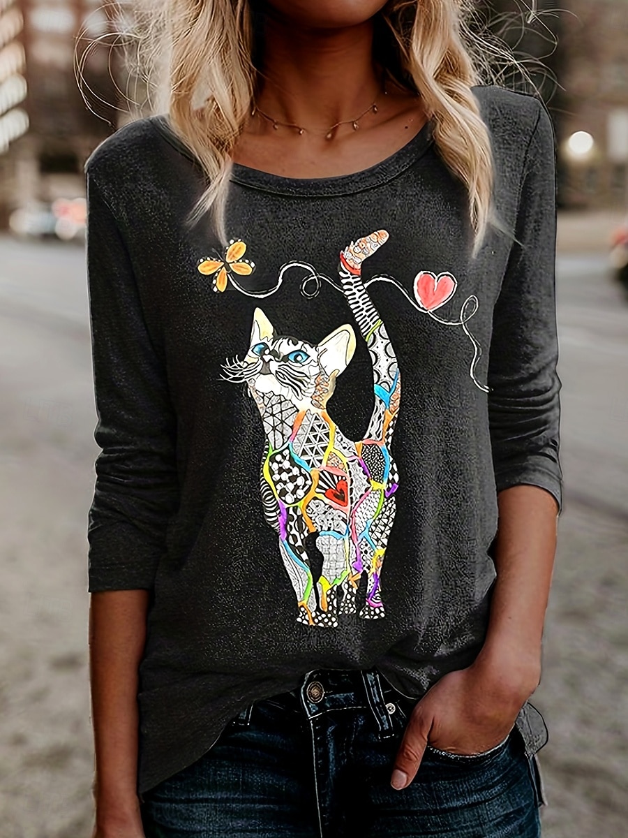 Γυναικείo T-shirt Μακρύ Μανίκι Λουλουδάτο Γραφικό Γάτα Vintage Στυλάτο Κλασικό Μακρύ Μανίκι Crew Neck Κανονικά Top Ημερήσια Εκτύπωση Μαύρο Μπλε Πράσινο Άνοιξη Φθινόπωρο Προφθινόπωρο 2026 - $24.99 –P4