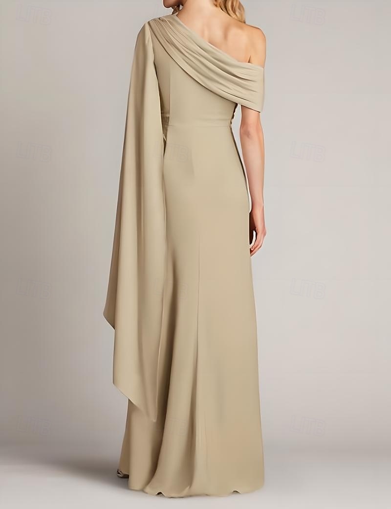 Vestido de noite elegante com bainha/coluna, sobreposição de capa, comprimento até o chão, sem mangas, um ombro só, cetim com pregas e babados, 2025 de 2025 por $155.99 –P3