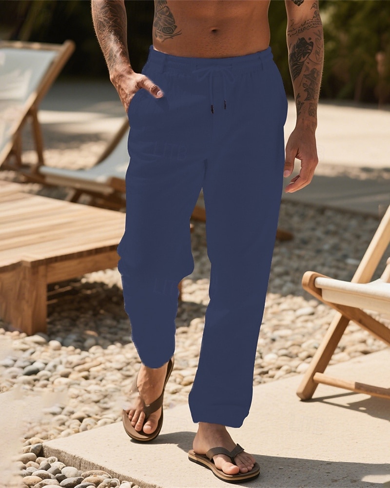 Herr Linne Byxor Långbyxor Sommarbyxor Strandbyxor Snörning Ficka Elastisk midja Slät Komfort Andningsfunktion Semester Dagligen Helgdag Hawaiisk Boho 다크 카키 Svart 2025 - $17.99 –P9