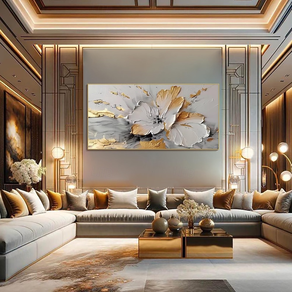 Pintura a óleo de flores douradas sobre tela, arte de parede feita à mão, pintura floral branca abstrata, decoração de sala de estar, decoração de casa, pintura enrolada, sem moldura, sem esticar de 2025 por €37.65 –P7
