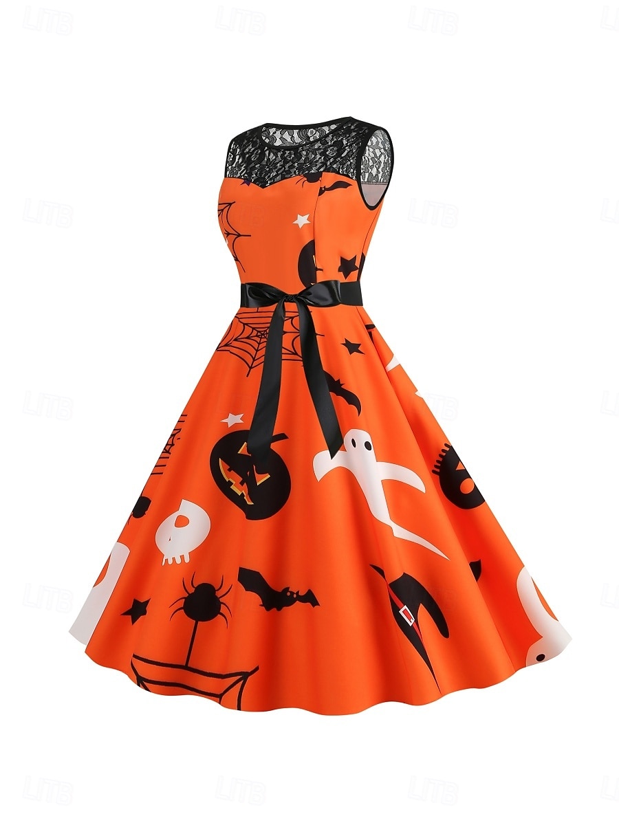 Halloween Damskie Sukienka midi Sukienka A line Codzienny Codzienny Święto Regularny Dynia Nietoperz Bez rękawów Półgolf Czarny Ciemnoczerwony Czerwony Pomarańczowy Lato Wiosna Jesień 2025 - €26.45 –P2