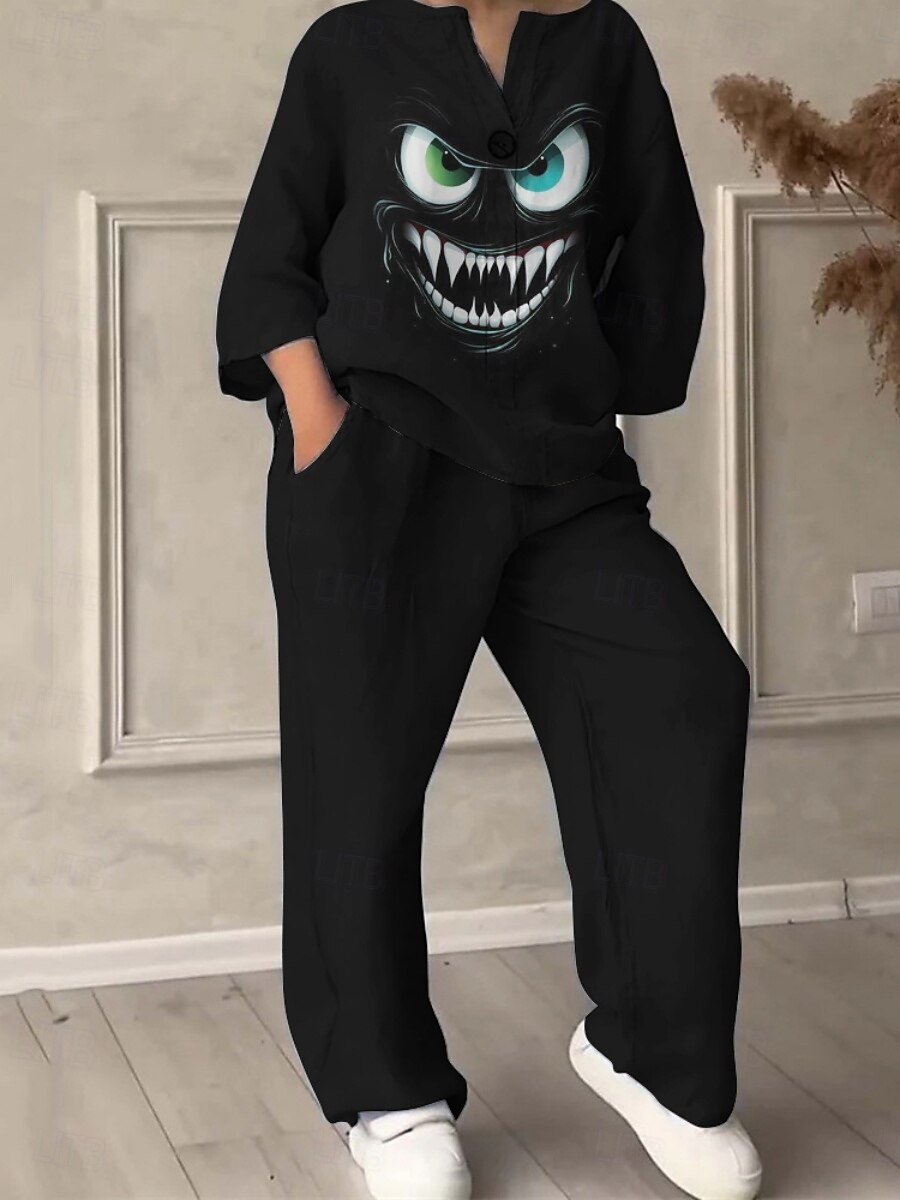 Жен. Активный Мода Комплекты брюк Длинный рукав V-образный вырез Графика С принтом Отпуск Повседневные Праздники Черный Желтый Розовый Лето Стандартный 2025 - $42.99 –P3