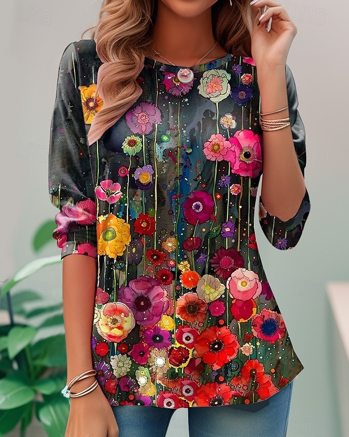 Dames T-shirt Afdrukken Bloemig Grafisch Planten Vintage Modieus Stijlvol Lange mouw Strakke ronde hals Normale tops Dagelijks Weekend blauw Zwart Blozend Roze Paars Groen Zomer Lente Herfst 2026 - $24.99 –P7