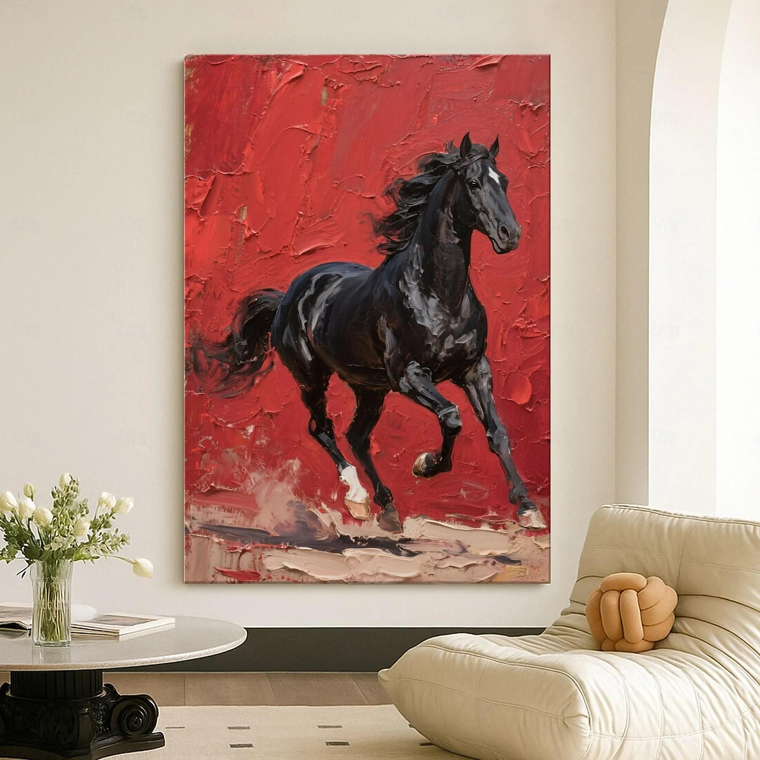 2025年 オリジナルの赤黒の質感のある馬の油絵、キャンバスに描かれた野生の種馬の壁アート、馬のパレットナイフのアートワーク、モダンで大胆な乗馬の装飾  コレクション – $38.99 –P7