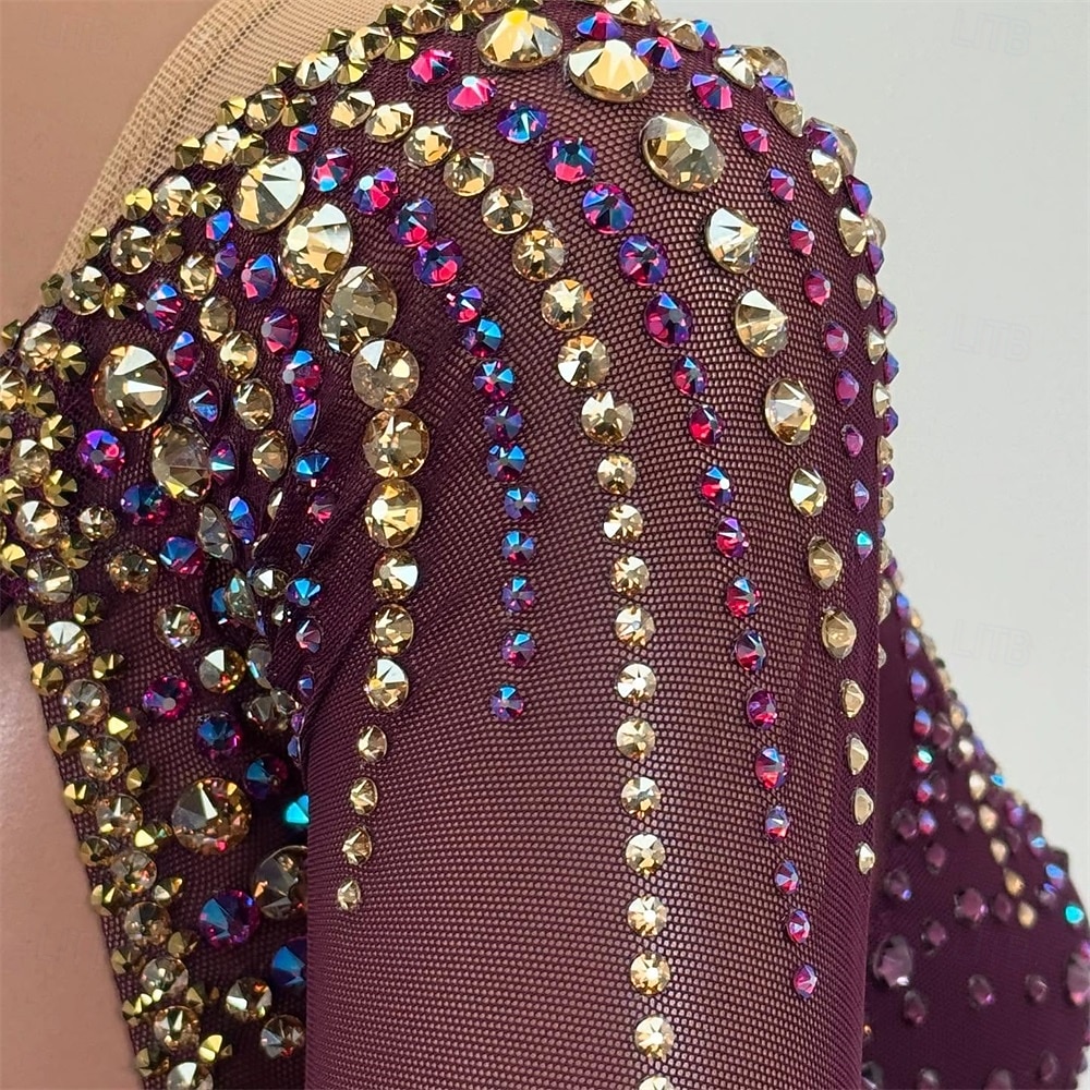 Kunstschaatsjurk Dames Voor meisjes Schaatsen Jurken Bordeaux Lapwerk Open achterkant Netstof Spandex Hoge Elasticiteit Opleiding Wedstrijd Kunstschaatskleding Klassiek Kristal / Bergkristal Lange 2026 - $298.59 –P12