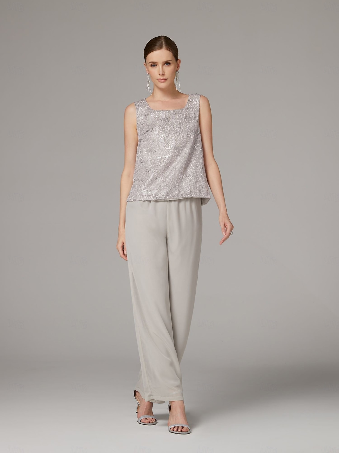 Terninho Traje de 3 peças Longo Vestido Para Mãe dos Noivos Sem Manga Scoop pescoço Elegante Convidado do casamento Chiffon Renda Embrulho incluido com Lantejoulas de 2026 por $183.99 –P10