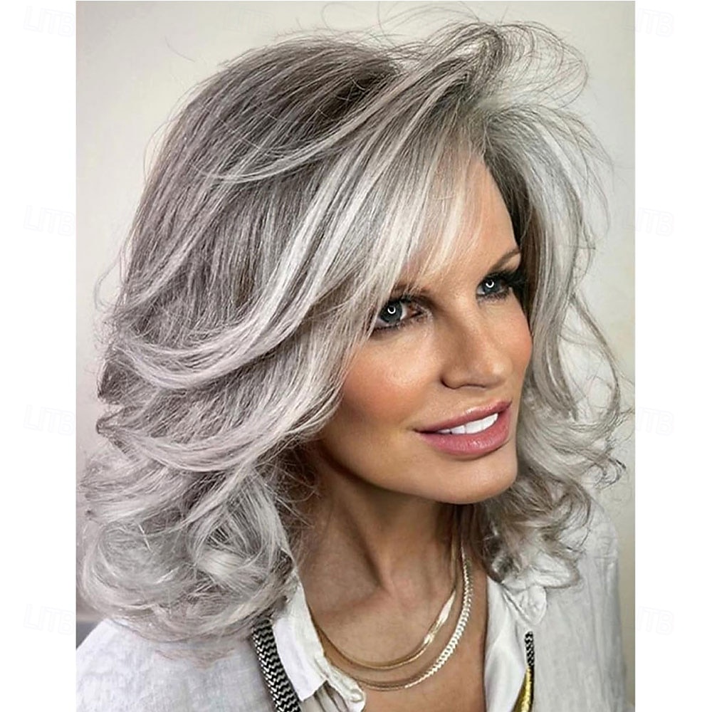 Парики боб средней длины с волнистыми волосами для женщин, серо-белые, многослойные, синтетические, для пожилых леди, для повседневного использования в костюме для вечеринки или Хэллоуина 2026 - $23.99 –P1