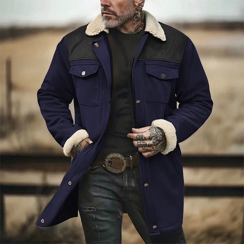 Herren Imitat-Lederjacke Winterjacke Sherpa-Jacke Urlaub Täglich Thermowarm Tasche Fleece Herbst Winter Farbblock Mode Streetwear Revers Lang Kamel Armeegrün Dunkelblau Grau Jacken 2025 - $51.99 –P1