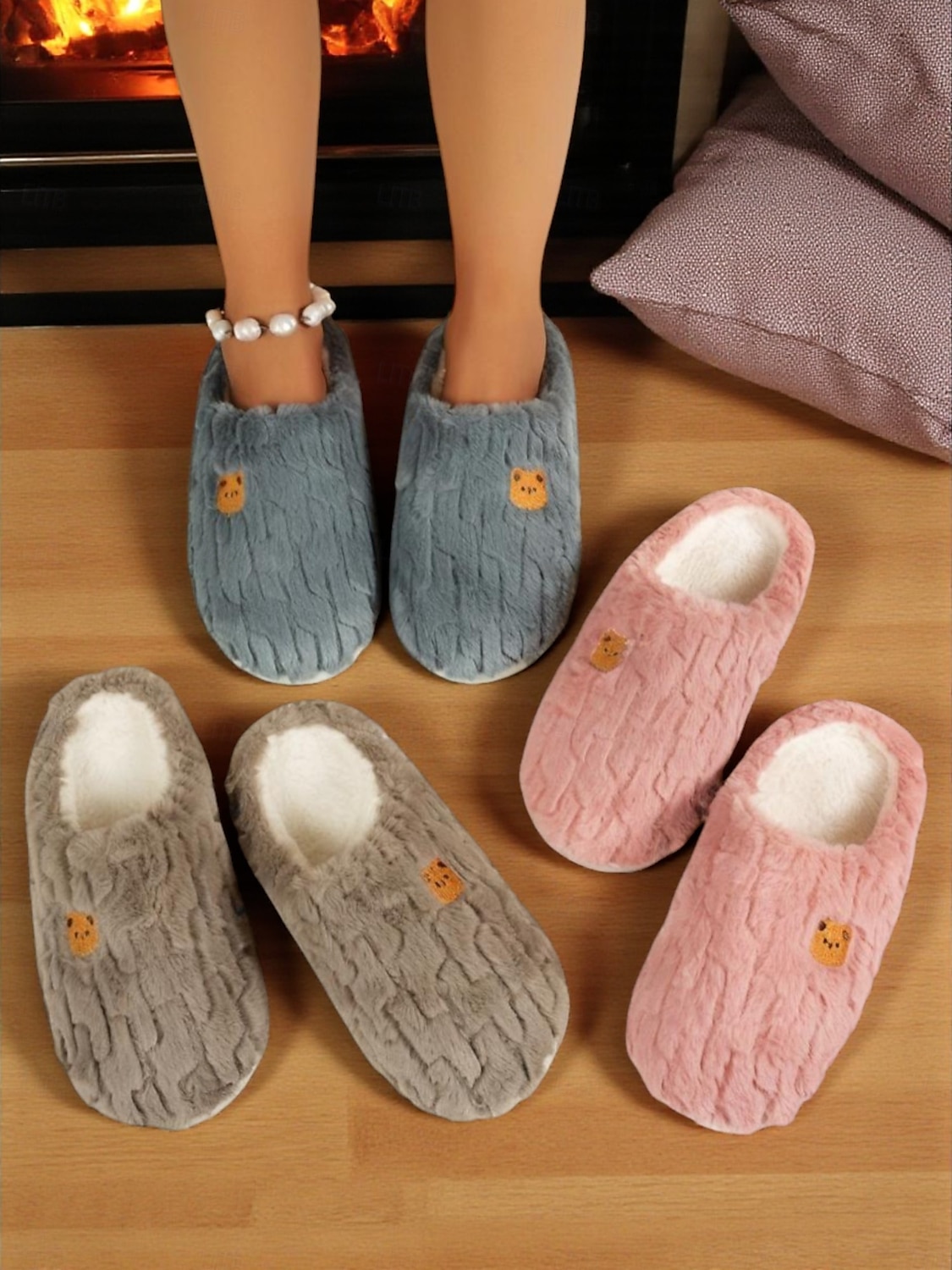 Papuci de pluș pentru femei cu desene animate și broderie cu ursuleți – pantofi moi și confortabili pentru dormitor și pentru uz casnic iarna 2025 - $18.99 –P1