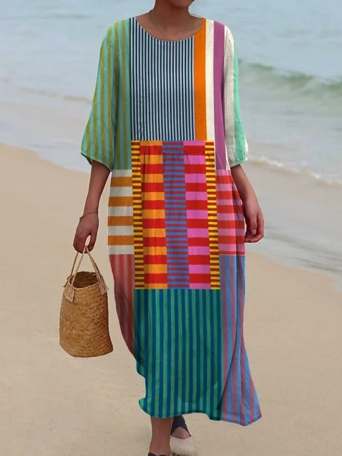 Robe maxi femme Kaftan à manches 3/4 col rond robe décontractée robe shift A-line robe Boho quotidienne rendez-vous sortie géométrique brun foncé jaune rouge violet de 2025 ? $41.99 –P4