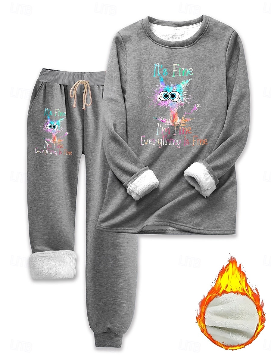 Set di pigiami da donna foderato in pile elegante caldo moda set di due pezzi tuta pantaloni maniche lunghe collo rotondo grafica con animali stampa lettere outdoor quotidiano nera rosa scuro blu del 2025 a $41.99 –P7
