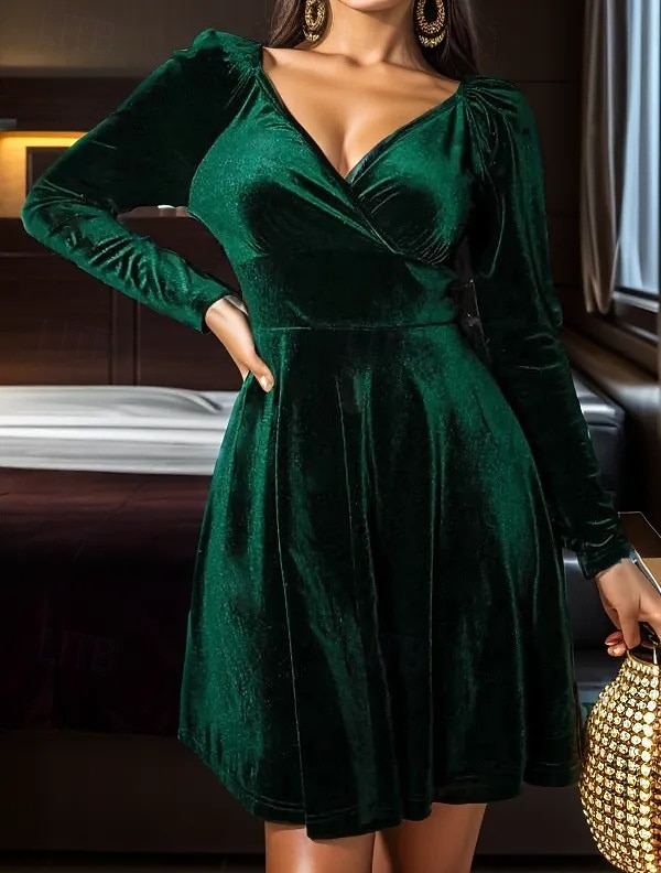 Dames Mini-jurk Schede jurk A lijn jurk Fit And Flare-jurk Feest Verjaardag Formeel Bruiloft Feest Bruiloft gast Effen Lange mouw V-hals Zwart Rood blauw Groen Lente Herfst Winter 2025 - $32.99 –P3