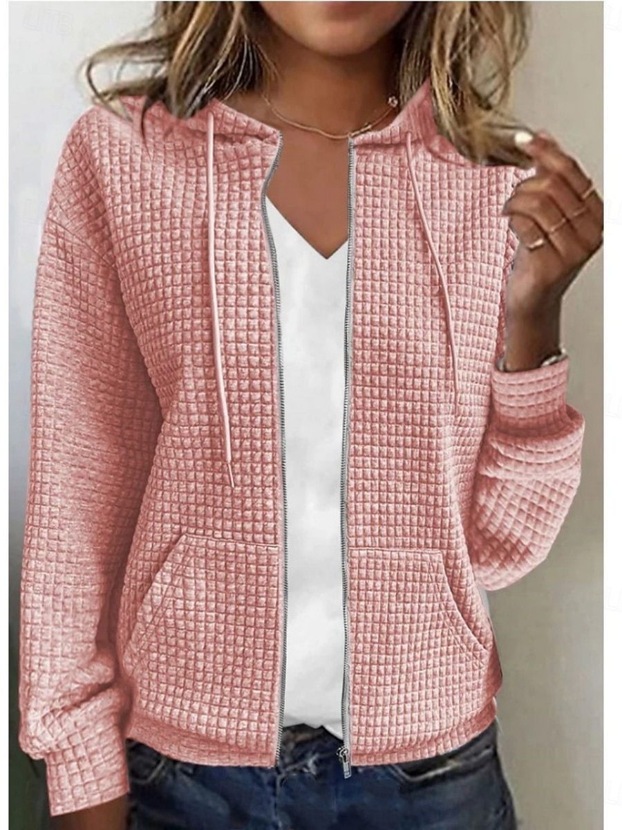 Women's Casual Jacket Hoodie Jacket Comfortable Breathable Zipper Pocket Full Zip Casual Plain Vacation Street Casual Daily Wear Zipper Regular Hooded Regular Fit Long Sleeve Outerwear Black White 2026 - $34.99 –P1