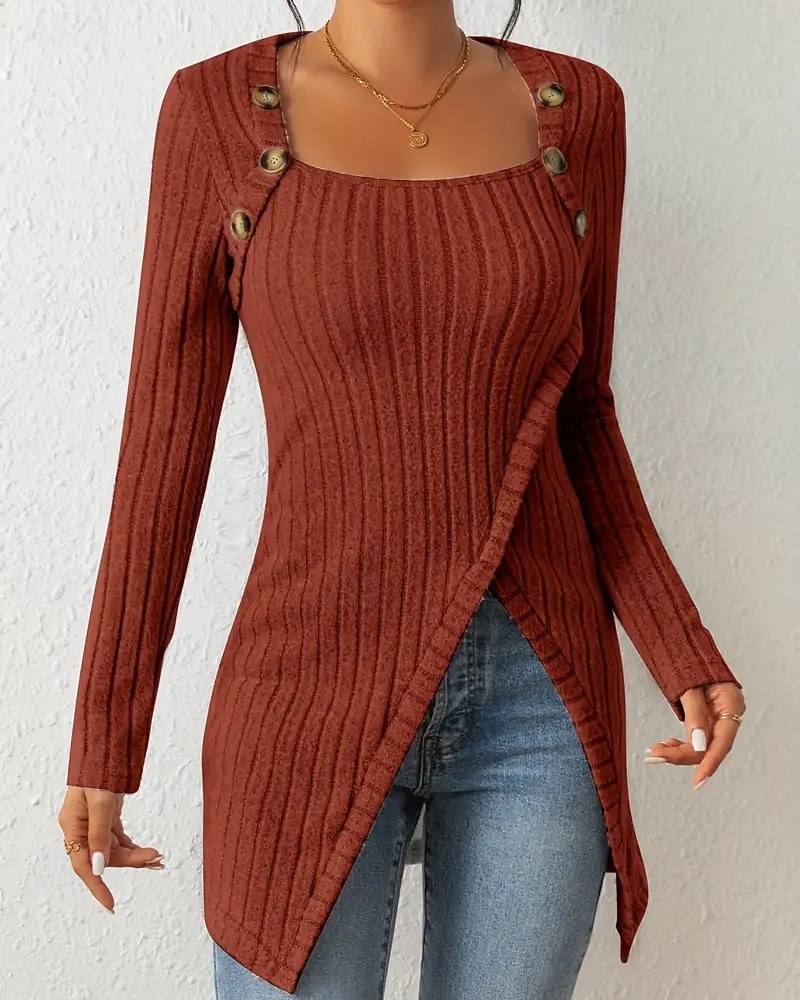 Women's T Shirt Tee Top Buttons Asymmetrical Solid Color Elegant Fashion Long Sleeve Square Neck Regular Tops Daily Weekend Black Brown Rose Pink Gray Spring Fall 2026 - $22.99 –P11
