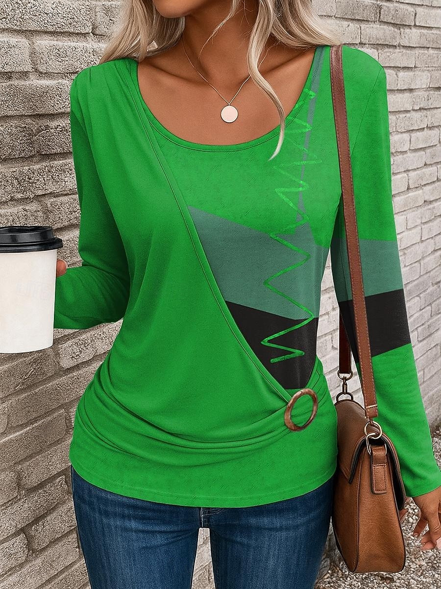 Femmes T-shirt Graphique Géométrique ancien Élégant Occasionnel manche longue Col ras du cou Hauts Réguliers Quotidien Patchwork Imprimé Jaune Rouge Bleu Bleu Poudré Violet Automne Hiver de 2025 ? $24.99 –P3