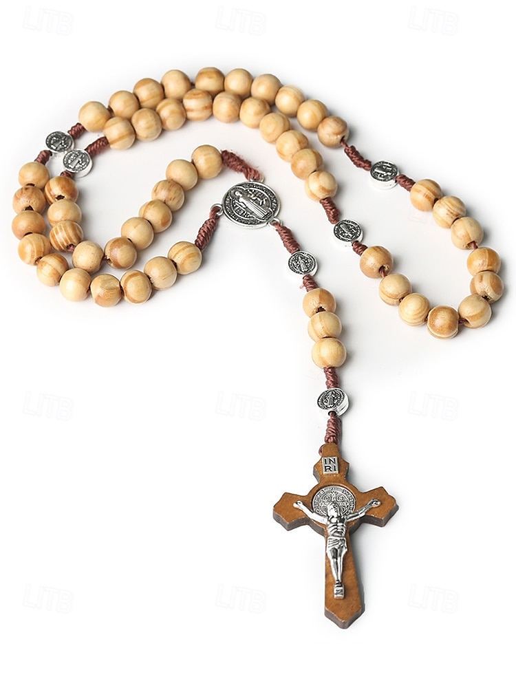 Rosario de madera para hombre con medalla de San Benito y crucifijo: cuentas de oración católicas para el culto religioso, la reflexión espiritual y la devoción diaria. 2025 - $7.99 –P14