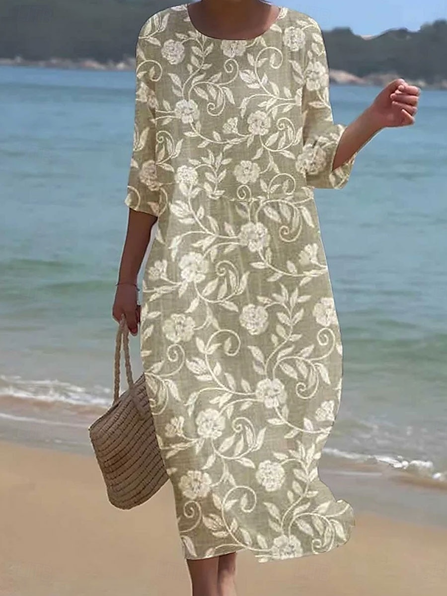 Damen Maxi Kleid Kaftan 3/4 Länge Ärmel Rundhalsausschnitt Lässiges Kleid A-Linie Kleid Boho Lockere Passform Florales Grafik V-Ausschnitt Weiß Gelb Hellgrün Grün Frühling Herbst 2025 - $16.99 –P4