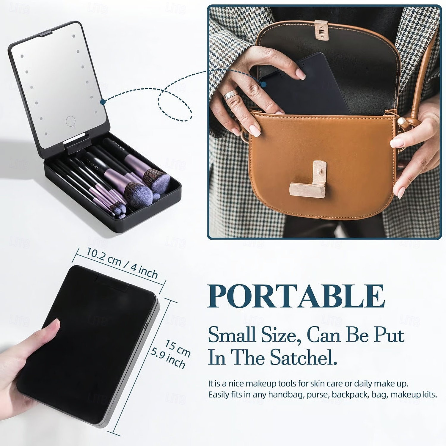 utazó sminkecset-készlet LED-es lámpával, hordozható kozmetikai tükörrel, kompakt, összecsukható piperetükör világítással, kézi asztali sminkeszközök nőknek és lányoknak 2026 - $21.99 –P6