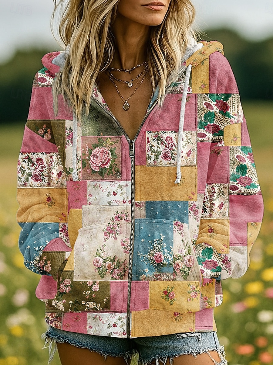Felpe con Cappuccio 3D Donna Stampate con Grafica Floreale Moda Casual Boho Maniche Lunghe Cappuccio Top Regolari Abbigliamento Stradale Quotidiano Patchwork Tasca con Cerniera Rosa Rosso Blu del 2025 a $26.99 –P3