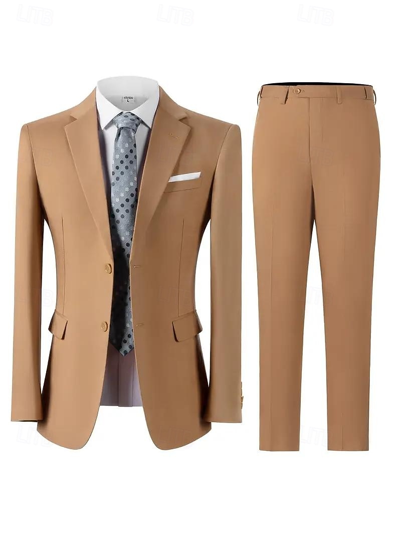 Heren liiketoiminta Trouwpakken Ingesneden revers Bruin Formeel Effen Getailleerd 2-delige set 2025 - $109.99 –P3