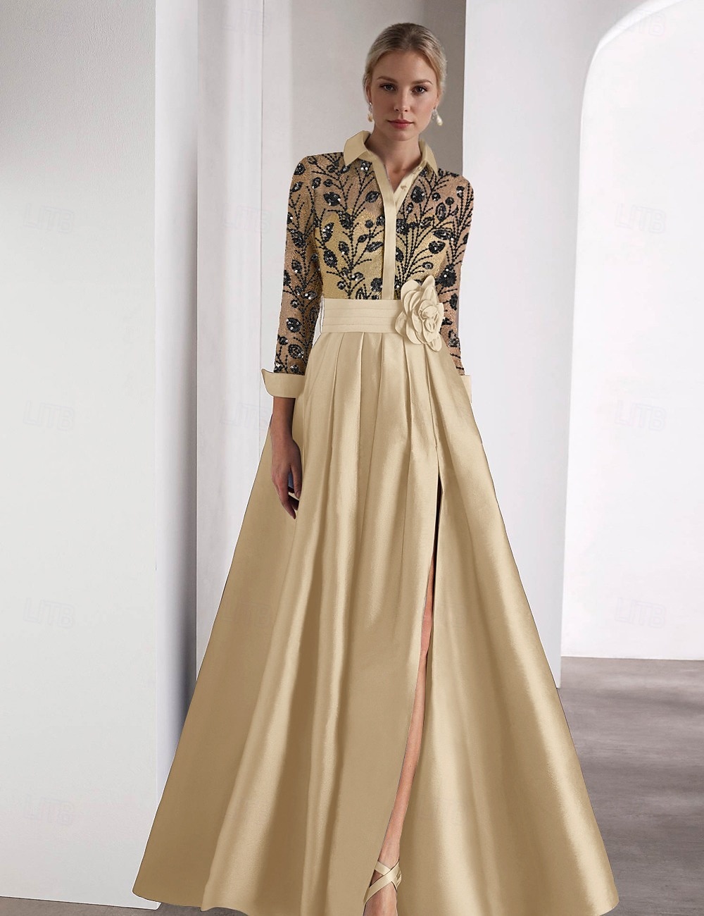 Brodert A-Linje Kveldsdrakt Elegant Kjole Formell Bryllupsgjest Gulvlengde Lang Erme Skjortekrage SATIN med Glitrende Slitt 2025 - $162.99 –P1