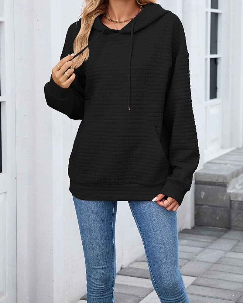 Damen Textur Bluse Kapuzenpullover Tasche Einfach Streetwear Lässig Langarm Mit Kapuze Normale Oberteile Straße Ferien Ausgehen Schwarz Rosa Braun Khaki Grau Herbst 2026 - $25.99 –P18