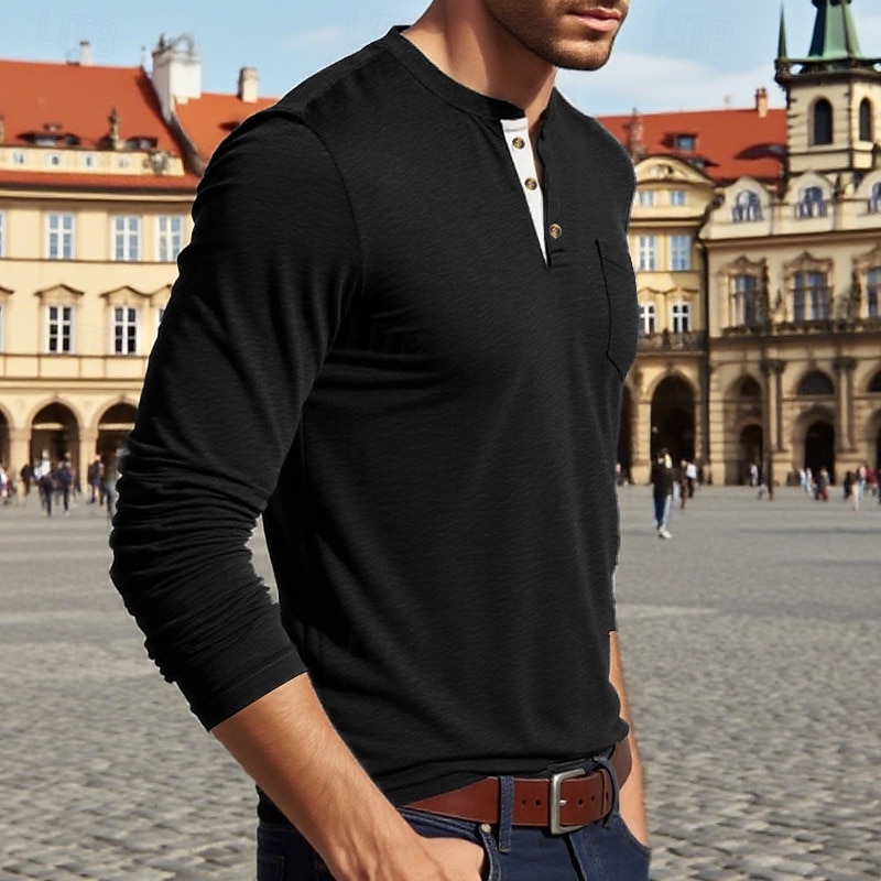 Pánské Tričko Tričko Henley Trička Tričko Top Dlouhý rukáv Henley Jaro Podzim Bez vzoru Módní Designové Základní Kapsy Dovolená ulice Jdeme ven Fialová Top tričko pro muže 2026 - $22.99 –P11