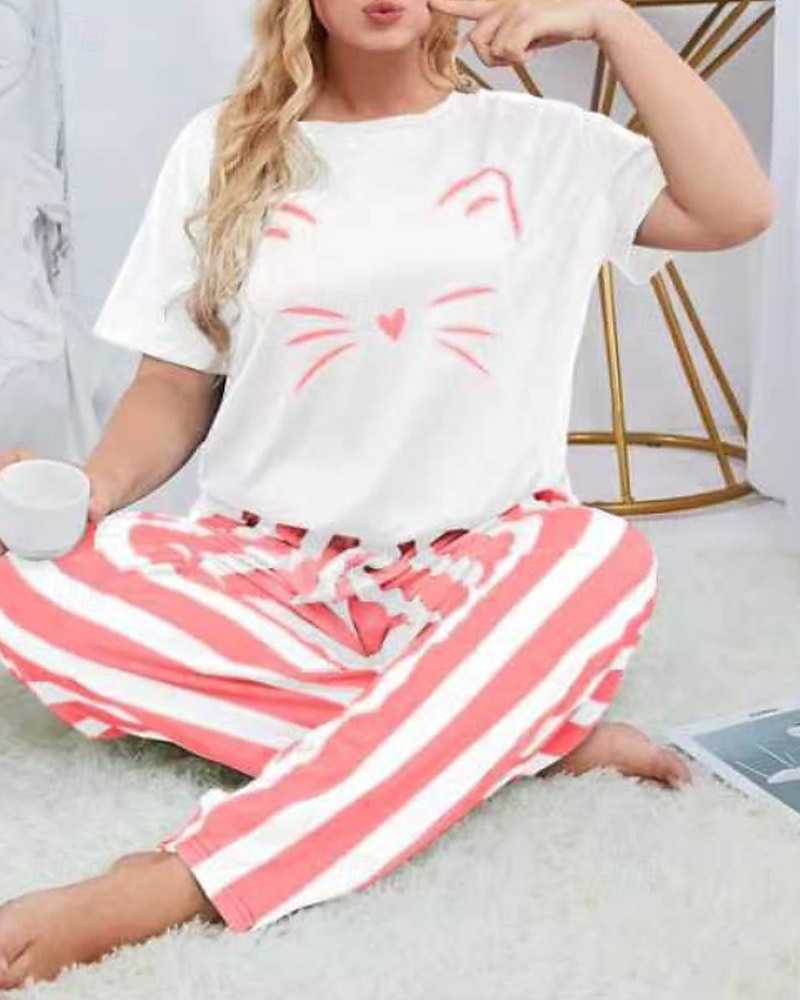 Per donna Attivo Blusa Set di Pantaloni Manica Corta Girocollo Gatto A righe Stampato Vacanza Casual Quotidiano Nero Giallo Rosa Autunno Vestibilità regolare del 2025 a $18.99 –P8