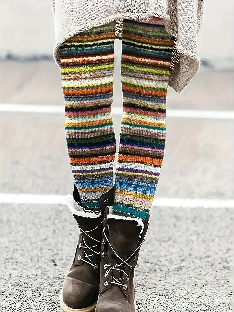 Women's Pants Trousers Leggings Streetwear Casual Full Length High Waist Striped Elastic Waist Print Breathability Comfortable Stretchy Vacation Street Daily Wear Black Grey Black 2# Yellow Pink 2025 - $18.99 –P2