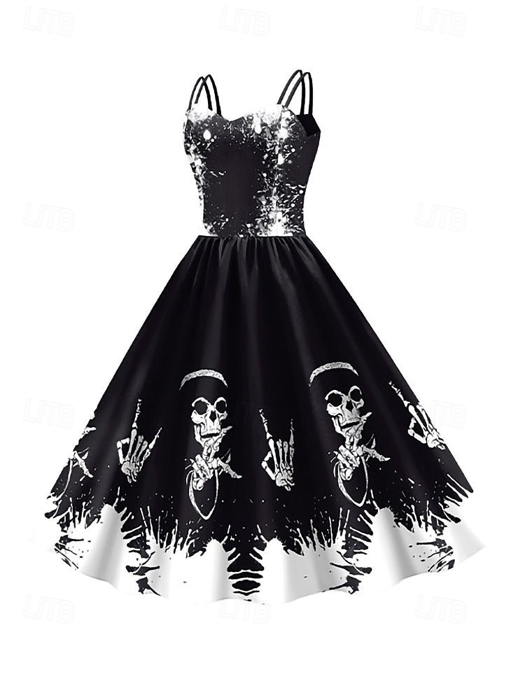 2025年 女性用スカルプリントミニドレス Aラインドレス カジュアル デイリー ホリデー レギュラーフィット スカル ノースリーブ スパゲッティストラップ ブラック ホワイト ワイン サビレッド 夏 春 秋  コレクション – $29.99 –P11