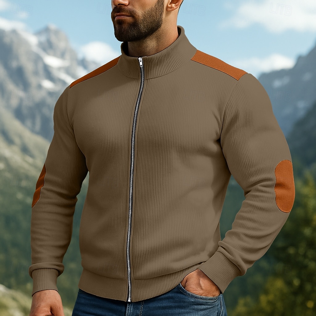 Homens Moletom Veludo Cotelê Moletom com capuz Estacionar Moletom com zíper completo Adamascado Preto Branco Azul Marinha Café Colarinho Clerical Tecido Patchwork Desportos e Ar livre Casual Diário de 2025 por $27.99 –P5