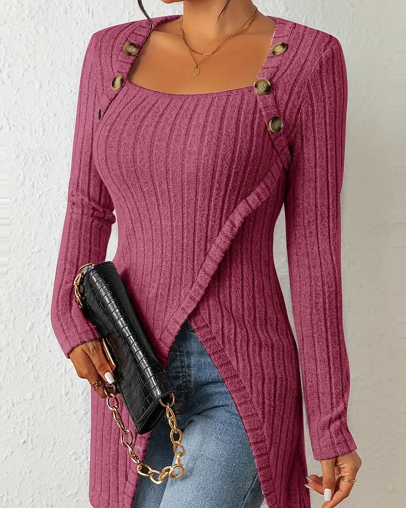 Women's T Shirt Tee Top Buttons Asymmetrical Solid Color Elegant Fashion Long Sleeve Square Neck Regular Tops Daily Weekend Black Brown Rose Pink Gray Spring Fall 2026 - $22.99 –P8