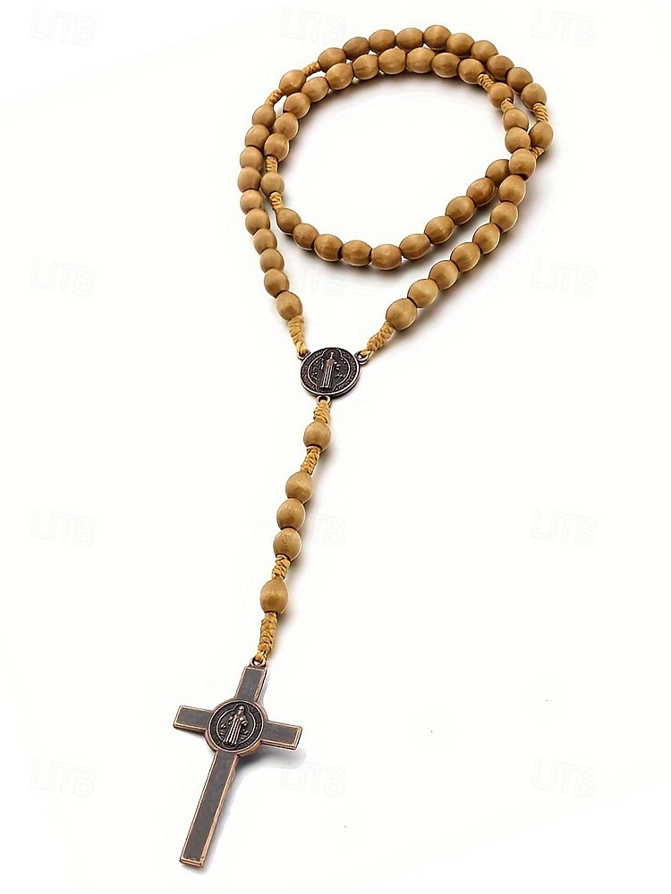 Rosario de madera para hombre con medalla de San Benito y crucifijo: cuentas de oración católicas para el culto religioso, la reflexión espiritual y la devoción diaria. 2025 - $7.99 –P15