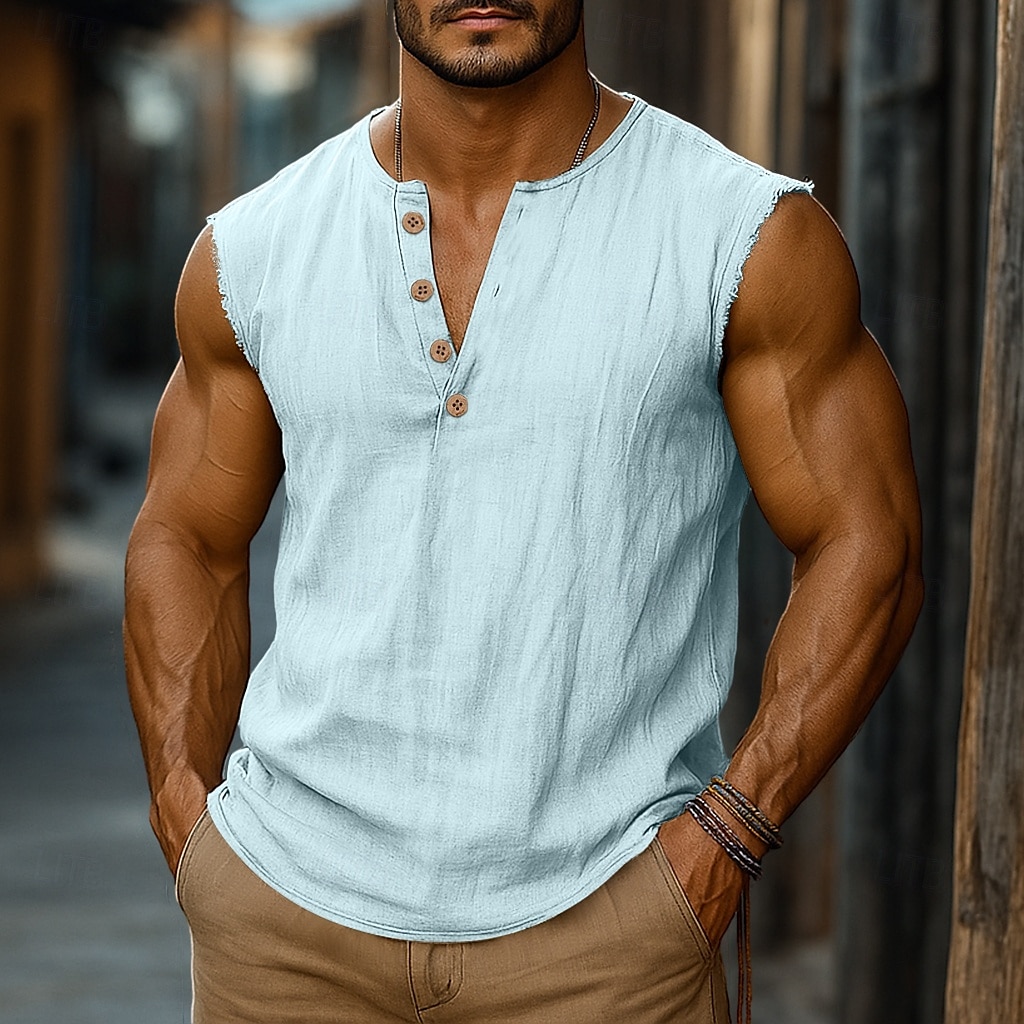 Pánské Bavlněná lněná košile Tričko Henley Vesta Top Bez rukávů Henley Léto Bez vzoru Módní Designové Cikánské Knoflíky Dovolená Ležérní Jdeme ven Světle modrá Černá Bílá Top tričko pro muže 2026 - BHD 7.02 –P9